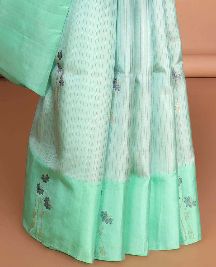 Blue striped soft silk saree with buttas, contrast floral design border & pallu of intricate designs