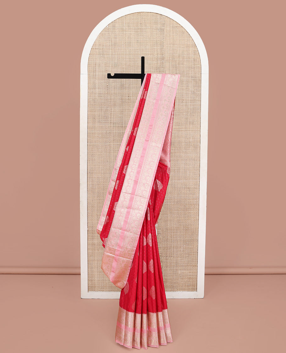 Red Budget Silk Saree, Artfully Detailed with Zari Buttas All Over Its Body, Complemented by Contrast Traditional Zari Design Rettai Pettu Border, Majestically Zari Detailed Pallu, and Paired with a Contrast Blouse