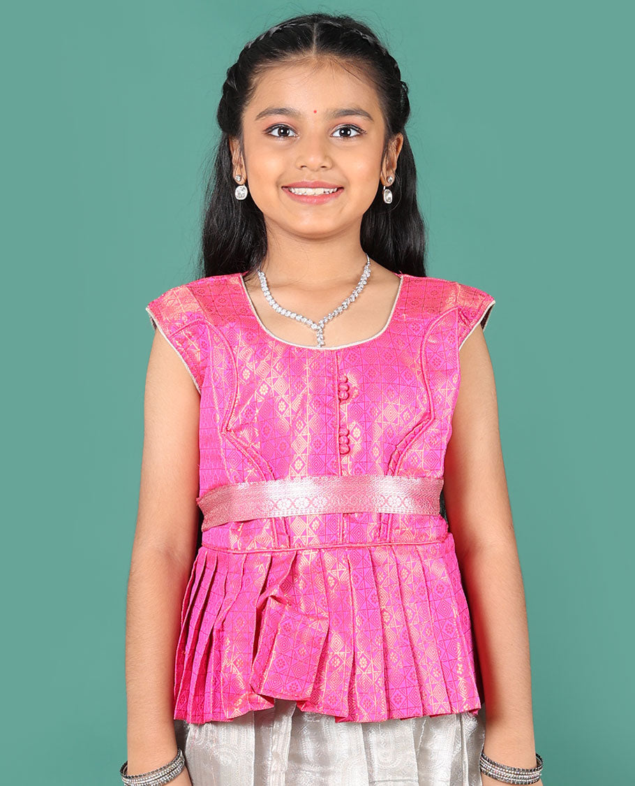 Grey readymade art silk pavadai, plain & contrast traditional zari border skirt & jacquard sleeveless round-neck blouse with belt