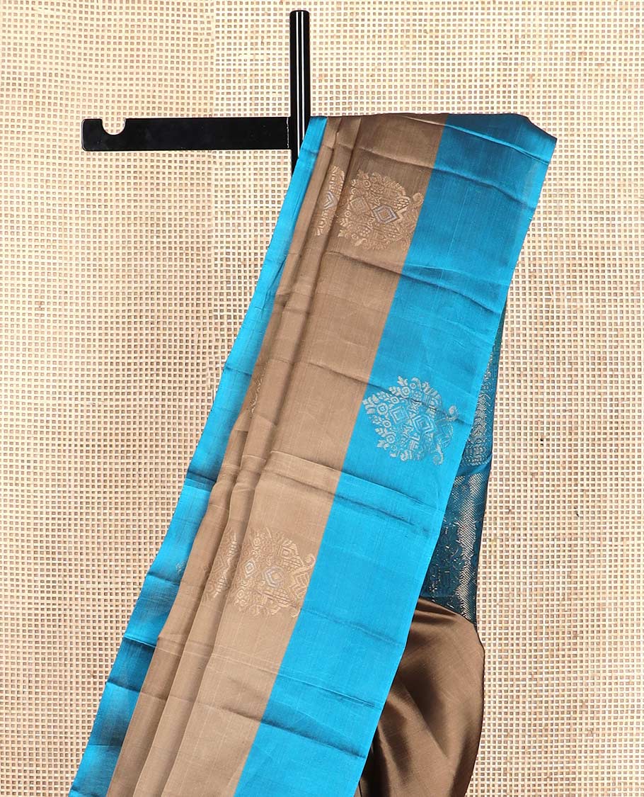 Brown silk mix saree with zari buttas, contrast zari design border & geometric patterned pallu