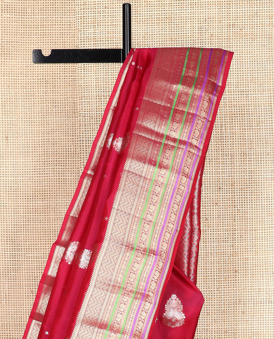 Red zari buttas vasundhara silk mix saree, jaal pallu & self-border of ara bogudi,banaras,muthu,poun,kamalam,neli & mayil