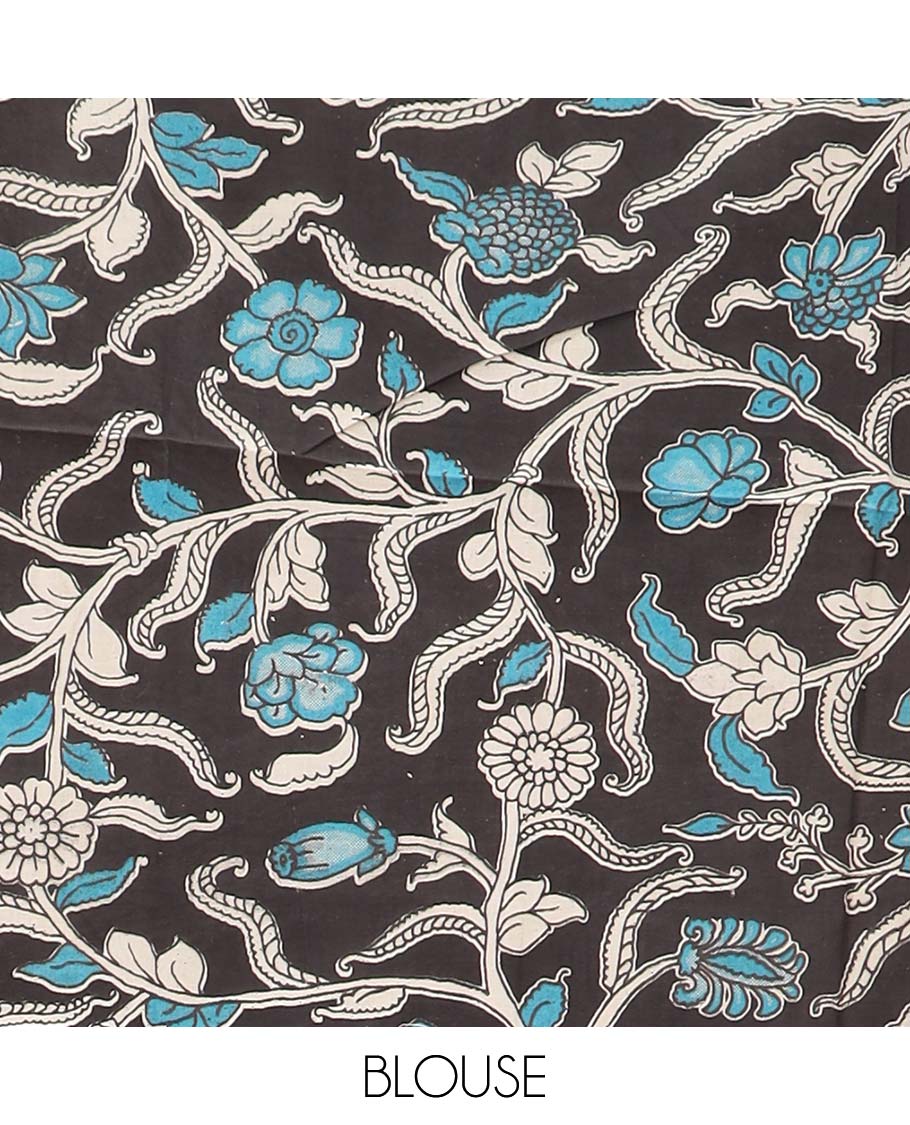 Grey plain Mangalagiri cotton saree, contrast dark grey border, plain pallu, and a contrast kalamkari floral printed blouse