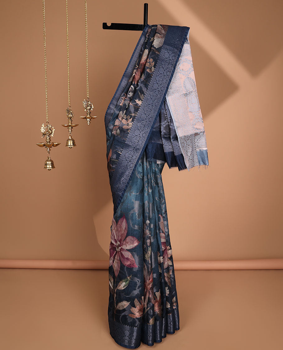 Peacock green floral digital print semi-dupion saree with self zari weaving border