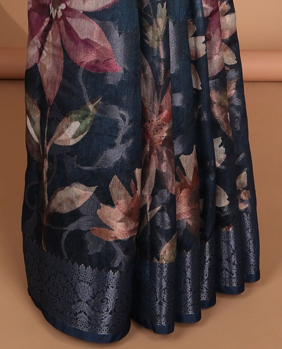 Peacock green floral digital print semi-dupion saree with self zari weaving border
