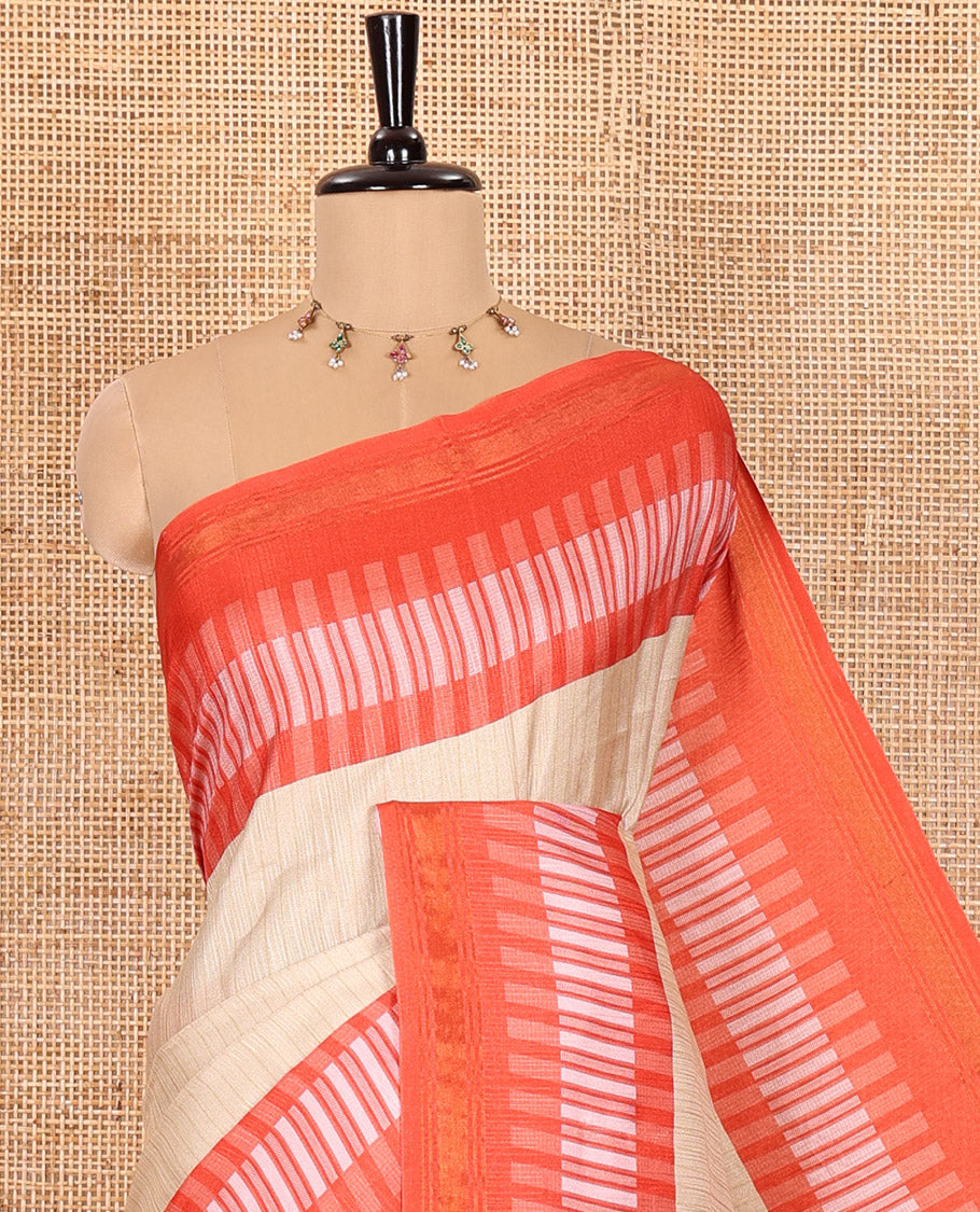 Chikku Manipuri Silk Saree Subtly Woven with Stripes All Over Its Body, Complemented by Contrast Geometric Print and Zari Work Border, Pallu Features Stripes, and Paired with a Contrast Striped Blouse