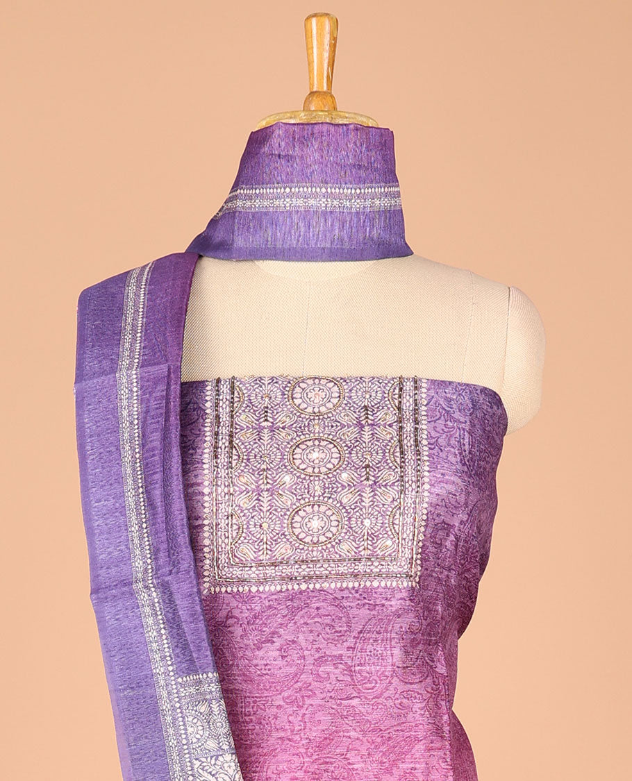 Purple with pink Chanderi double shaded carry design with daman printed neck handwork chudidhar material set with contrast santoon material pant & double shaded carry negetive printe dupatta