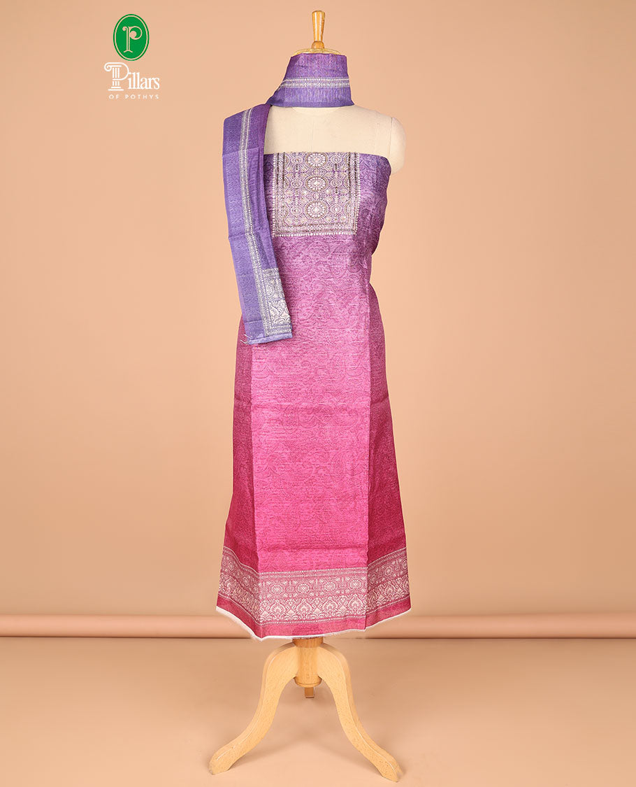 Purple with pink Chanderi double shaded carry design with daman printed neck handwork chudidhar material set with contrast santoon material pant & double shaded carry negetive printe dupatta