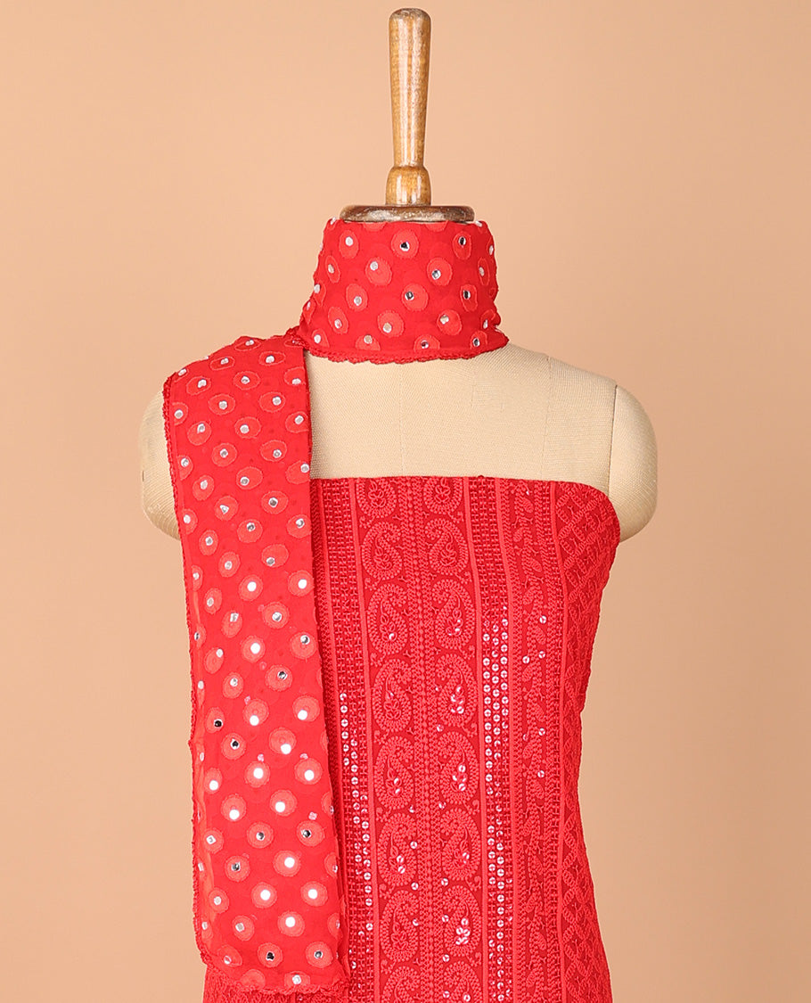 Red chudidhar material set Georgette lucknowni design embroidery, top daman carry mango design top with crape materil with lining pant & mirror work, scallop border dupatta