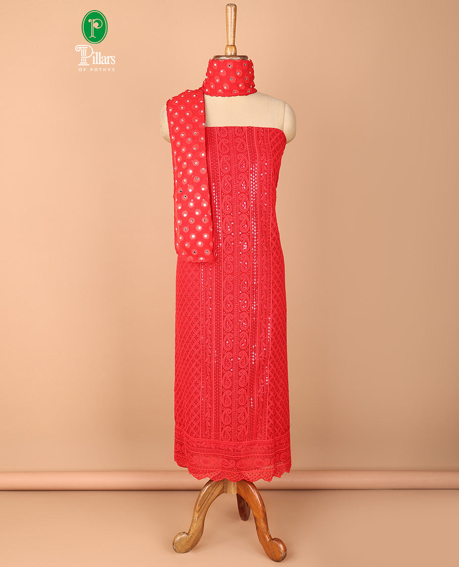 Red chudidhar material set Georgette lucknowni design embroidery, top daman carry mango design top with crape materil with lining pant & mirror work, scallop border dupatta