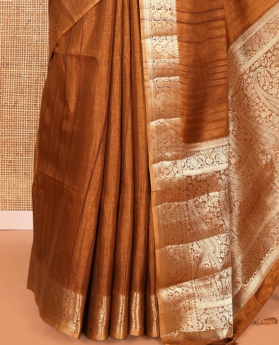 Golden Brown Fancy Tussar Saree, Floral-Paisley Border, Grand Pallu, a Contrast Printed Blouse, Matching Brocade Blouse