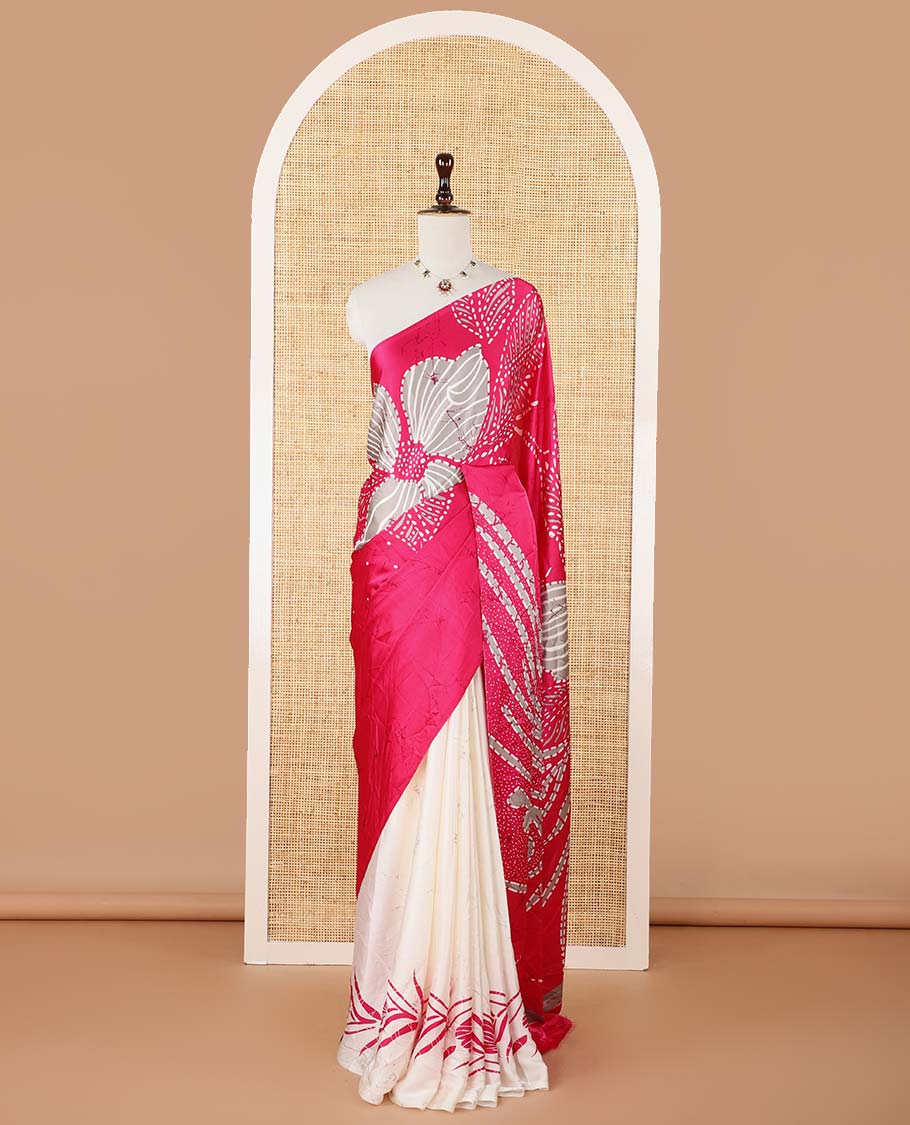 Borderless pink half-and-half model satin saree with batik-style big floral motifs digital printed body and pallu