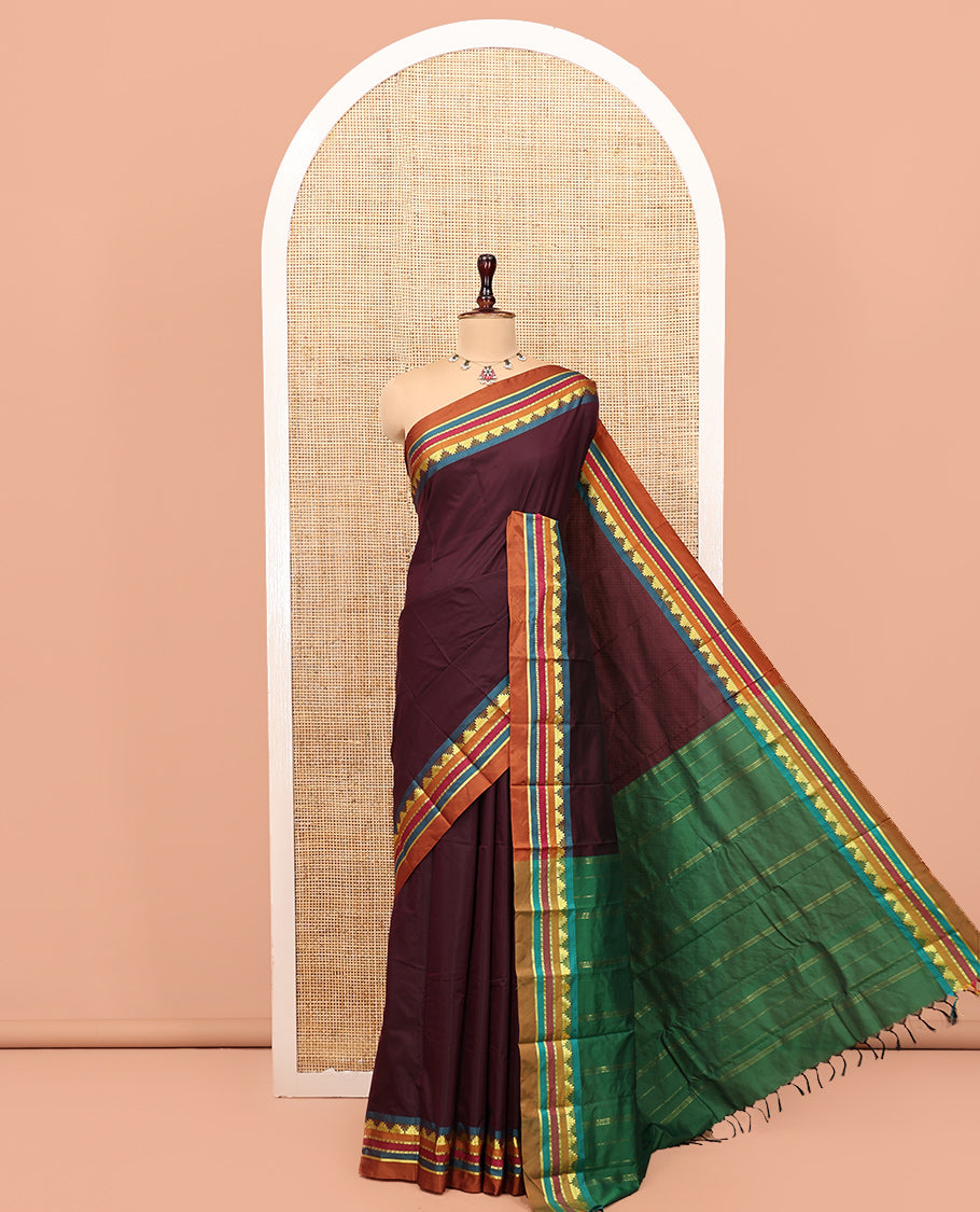 Brown Plain Arani Gift Saree, Complemented by a Contrast Traditional Zari Border, a Zari Striped Pallu, and a Contrast Blouse