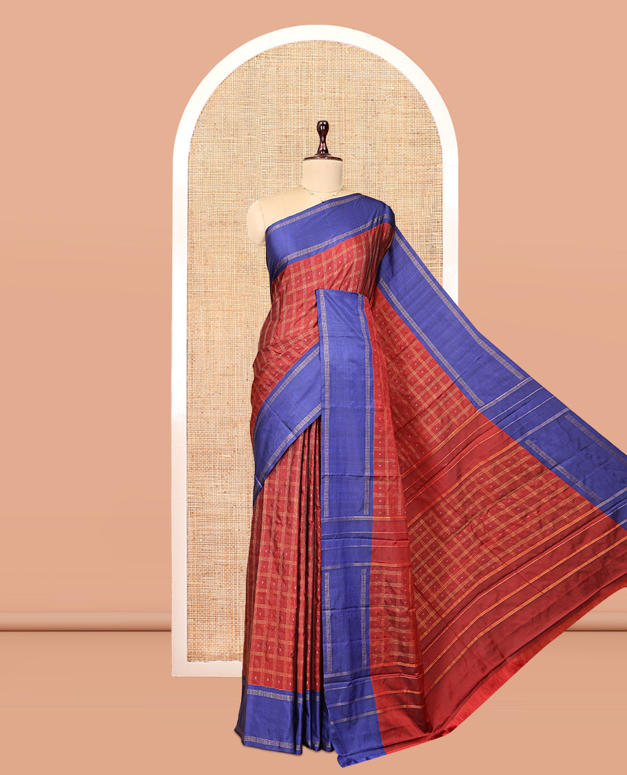 Maroon Arani Saree, Bedecked with Butta Enclosed Checks, a Contrast Bodi Border, Self-Pallu, and a Matching Blouse