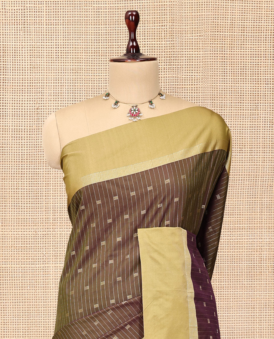 Green-Brown Arani Saree, Decorated with Zari Buttas and Stripes, a Contrast Zari Border, Pallu of Zari Designs, and a Matching Blouse