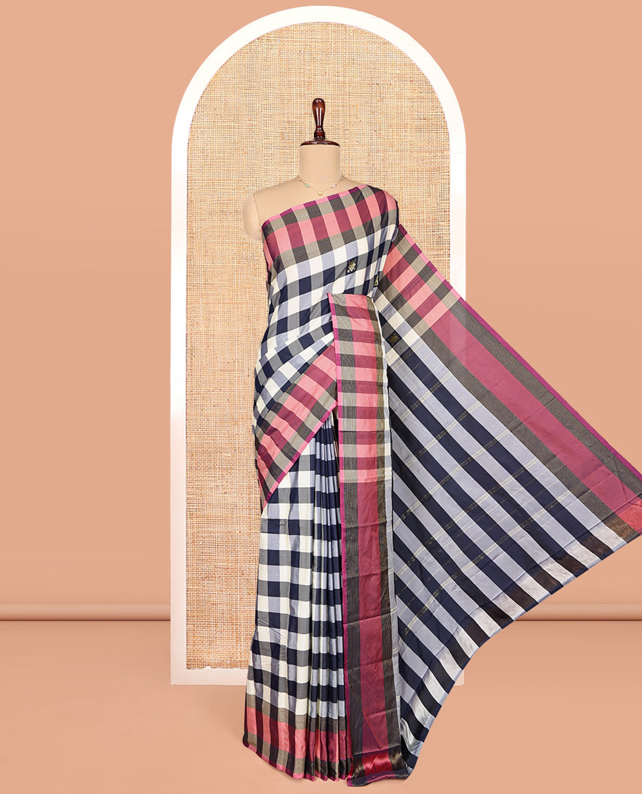 Multi-Color Aarani Gift Saree, Adorned with Checked Design and Zari Buttas on Its Body, Complemented by a Contrast-Checked Border, Subtly Striped Pallu, and Paired with a Matching Blouse
