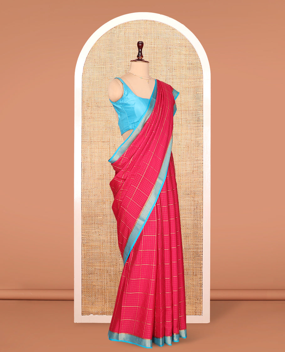 Red Mysore Silk Saree, Gleamed with Zari Checked Design On Its Body, Complemented by Captivating Contrast Traditional Zari Designs Woven Border, Subtly Zari Striped Pallu, and Paired with a Contrast Blouse