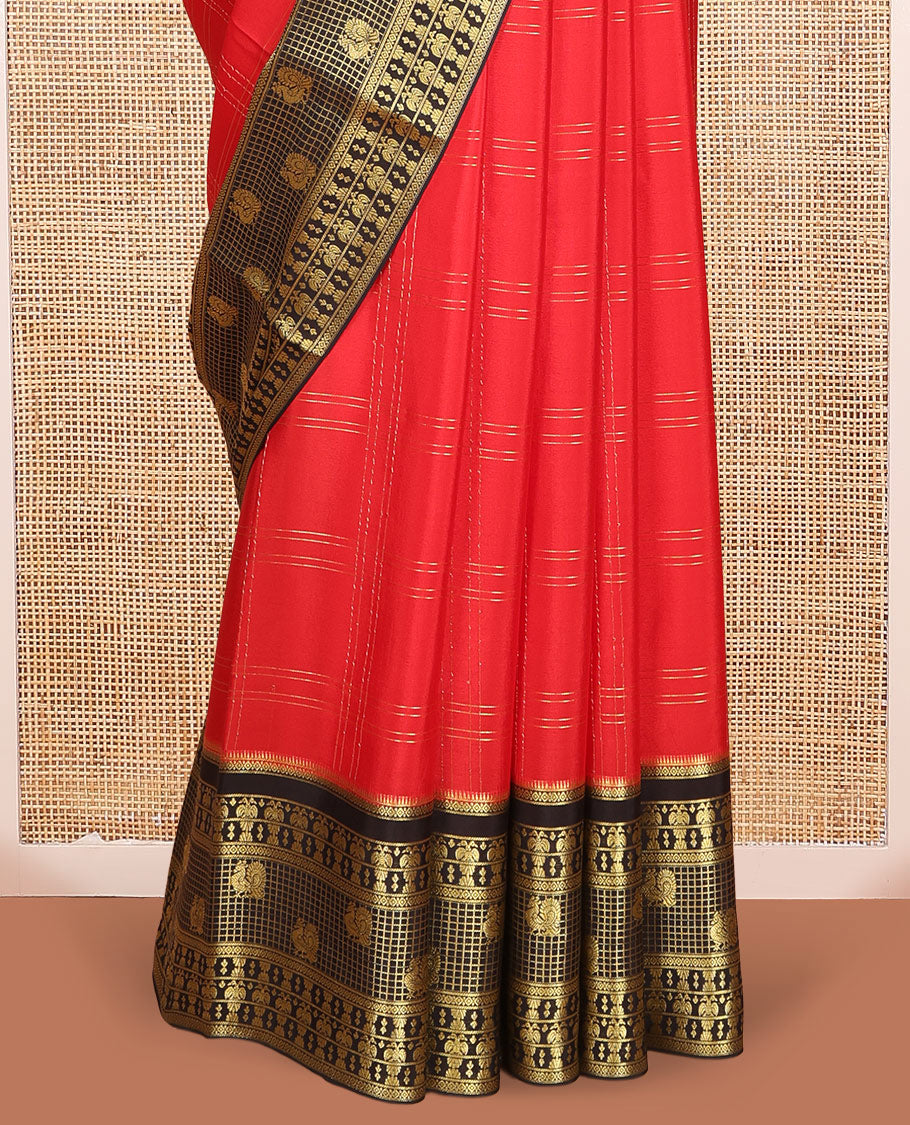 Red Mysore Silk Saree Features Checked Pattern, Contrast Traditional Zari Border, Rich Pallu, and a Contrast Blouse