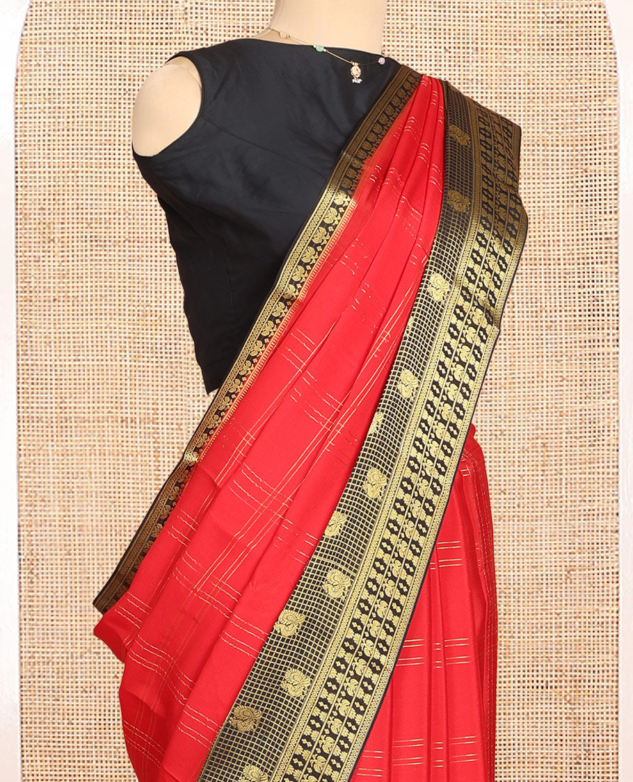 Red Mysore Silk Saree Features Checked Pattern, Contrast Traditional Zari Border, Rich Pallu, and a Contrast Blouse