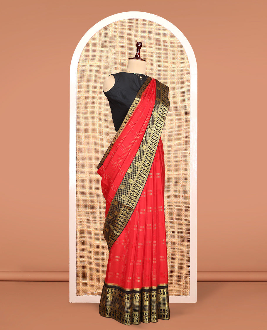 Red Mysore Silk Saree Features Checked Pattern, Contrast Traditional Zari Border, Rich Pallu, and a Contrast Blouse