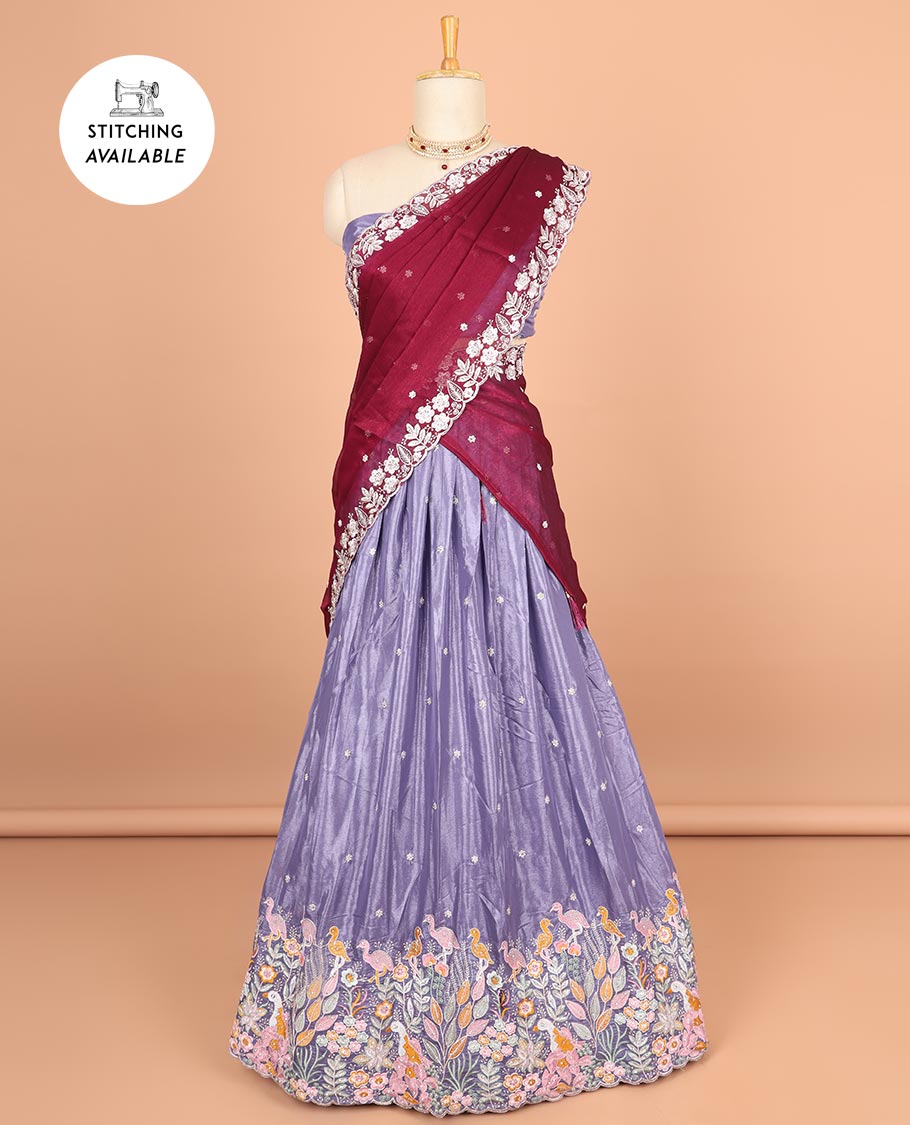 Lavender floral motifs thread embroidery half saree with floral embroidery border , floral motifs blouse & floral embroidery scallop border dhavani