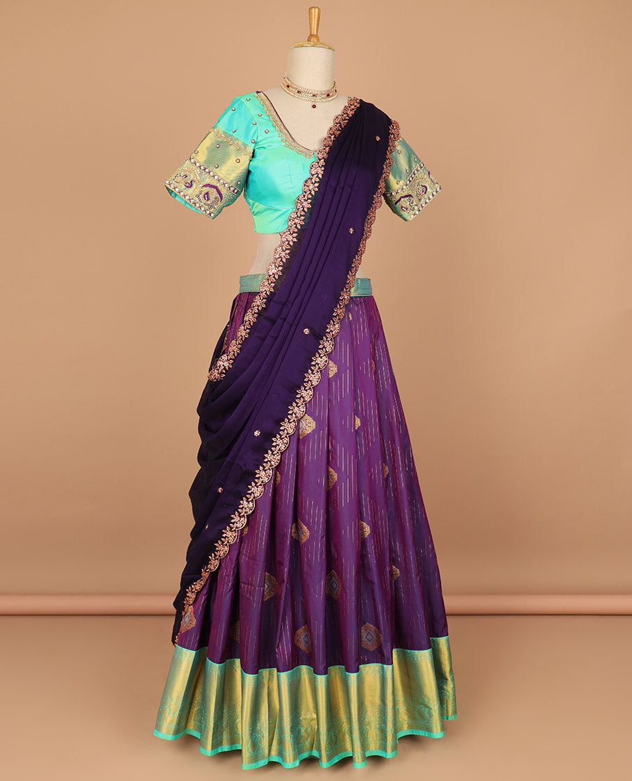 Purple geometric design art silk half saree with contrast zari design border, floral stone embroidery blouse & plain, floral embroidered scallop border dhavani