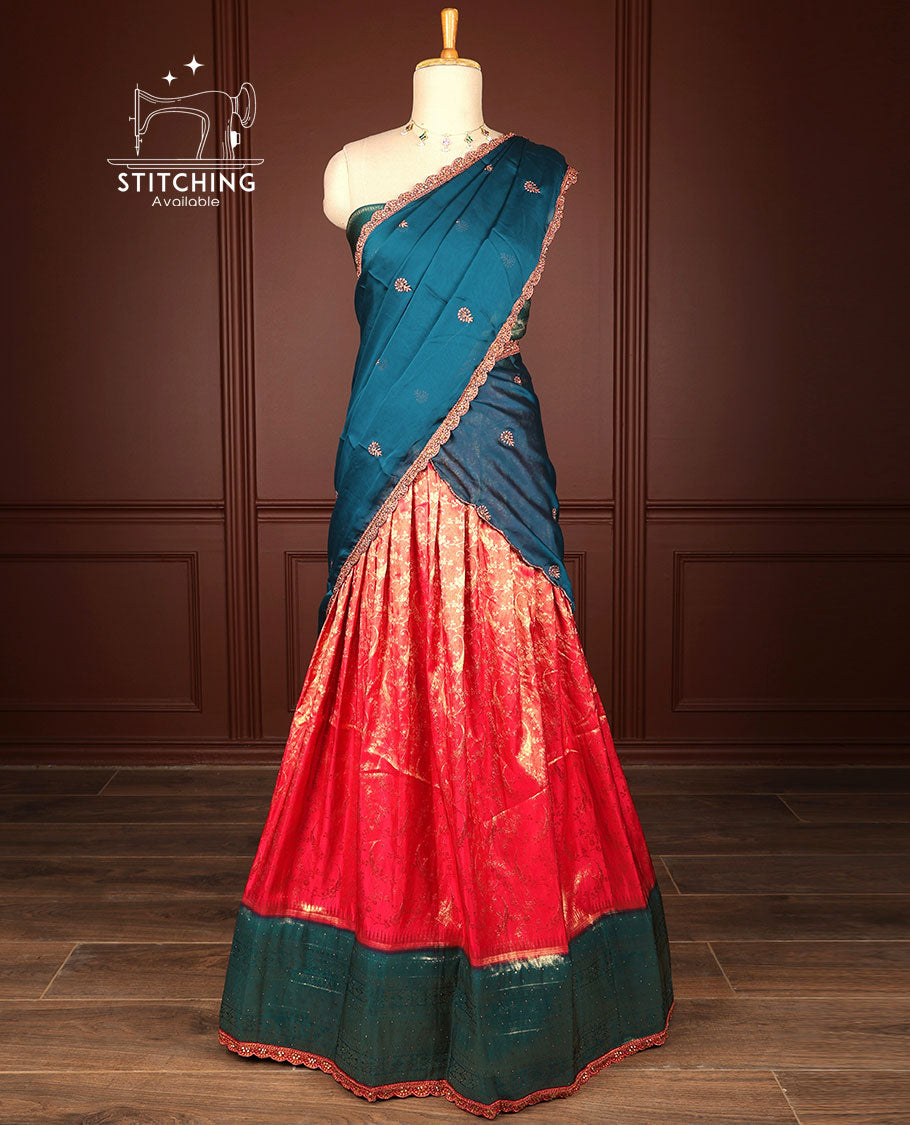 Red floral jacquard half saree with contrast intricate zari design border, zari design blouse & floral embroidery scallop border dhavani