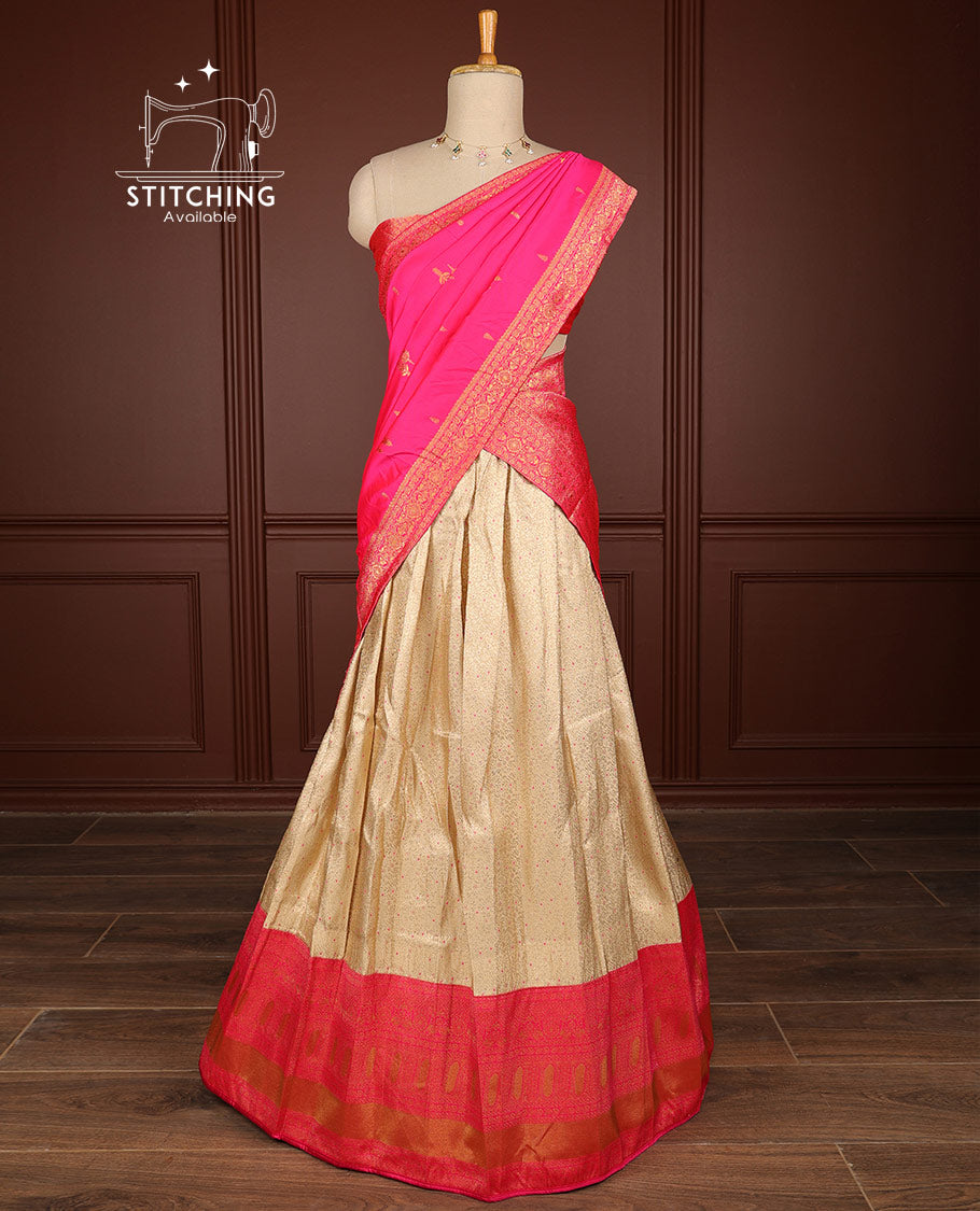 Sandal floral jacquard half saree with contrast zari design border, zari design blouse & floral zari design dhavani