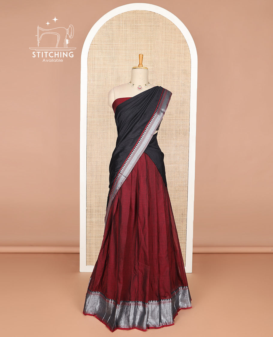 Red cotton half saree with contrast zari design border, zari design blouse & plain, zari design border dhavani