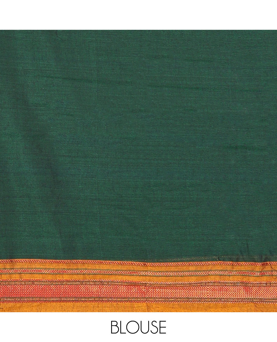 Dark green cotton half saree with contrast zari design border, zari design blouse & zari design border dhavani