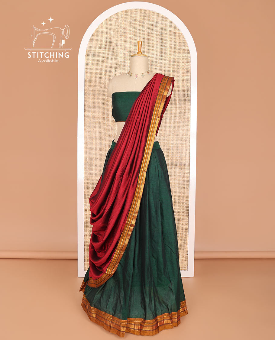 Dark green cotton half saree with contrast zari design border, zari design blouse & zari design border dhavani
