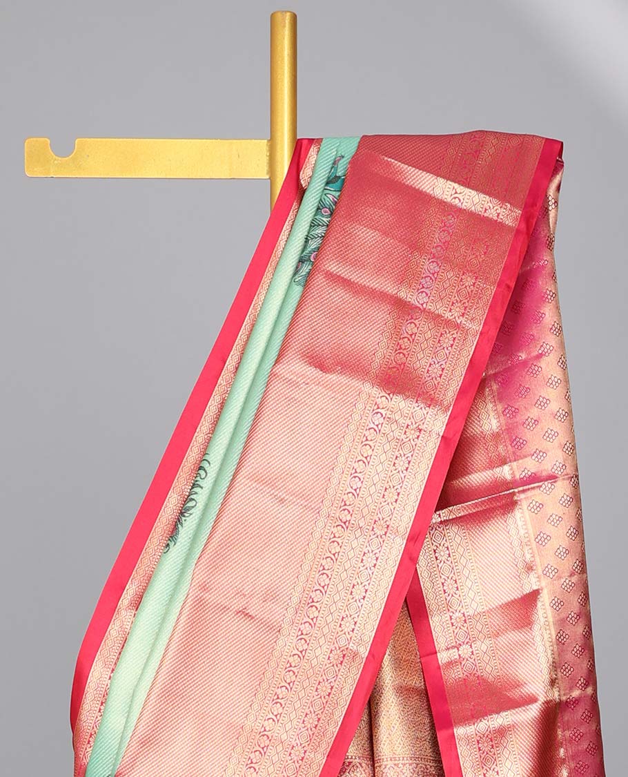 Green peacock buttas budget silk saree with contrast intricate zari design border & floral zari design pallu