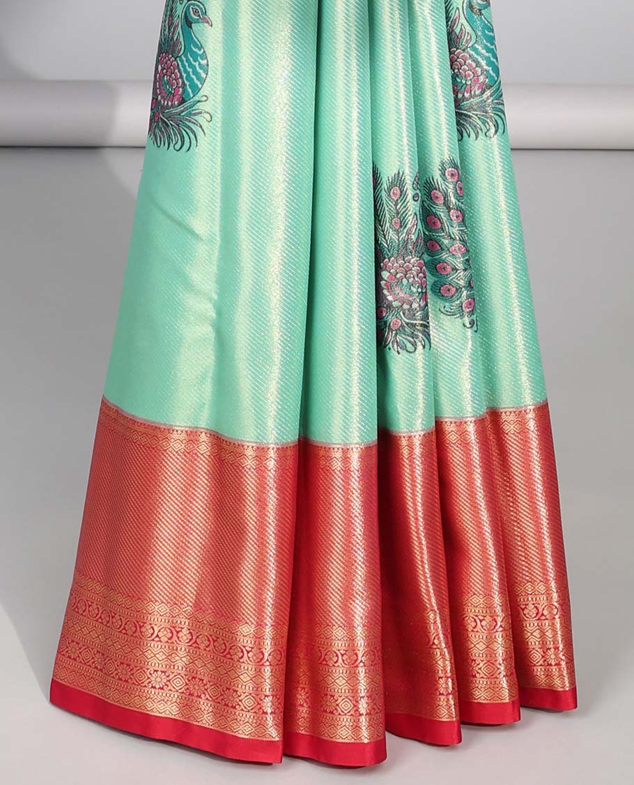 Green peacock buttas budget silk saree with contrast intricate zari design border & floral zari design pallu