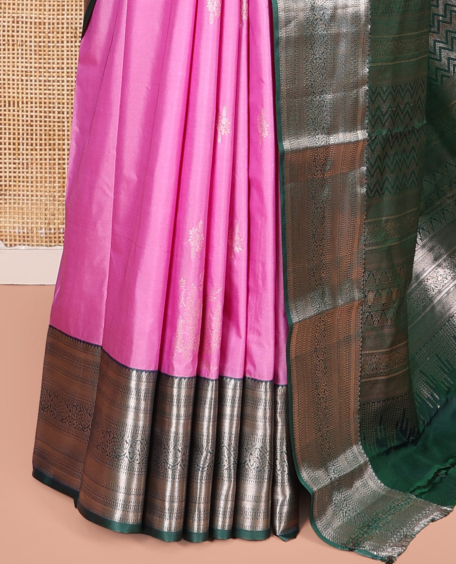 Pink Budget Silk Saree, Decked Up with Zari Buttas on Its Body, Complemented by a Contrast Traditional Zari Design Border, Chevron Zari Striped Pallu, and Paired with a Contrast Blouse