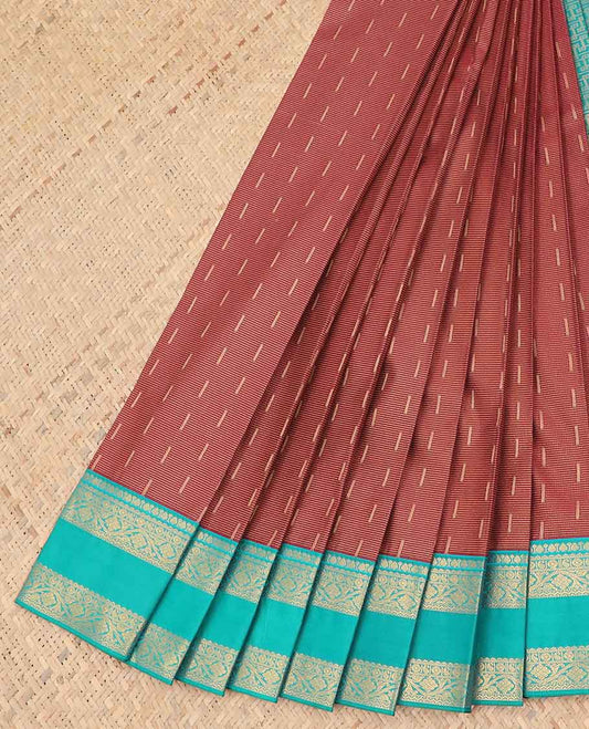 Red striped budget silk saree with contrast zari border & intricate zari design pallu