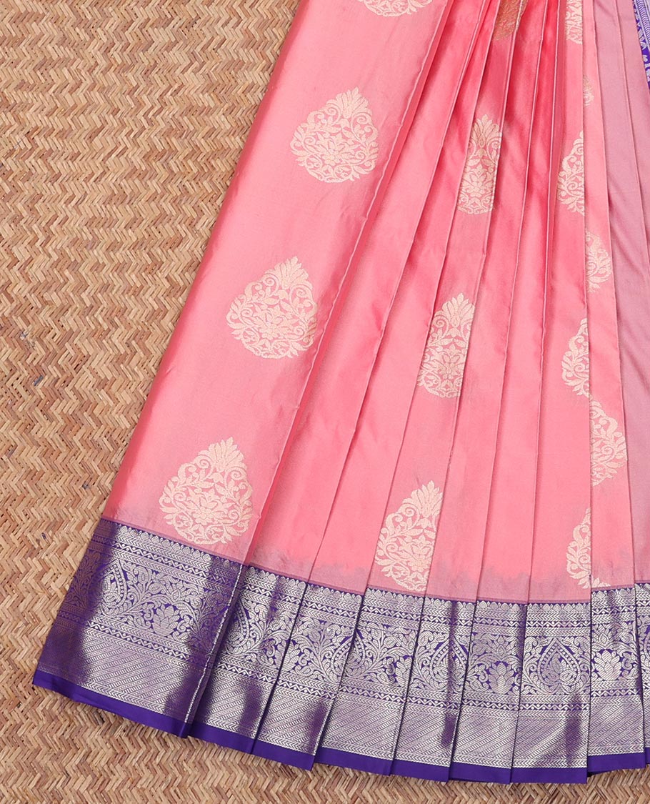 Pink Budget Silk Saree, Adorned with Zari Buttas All Over Its Body, Complemented by a Contrast Traditional Zari Design Border, Grand Jaal Pallu, and Paired with a Contrast Blouse