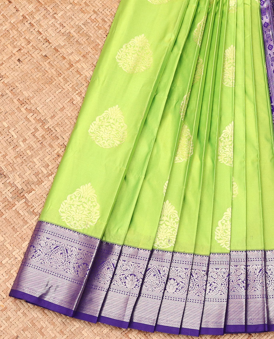 Parrot Green Budget Silk Saree, Adorned with Zari Buttas All Over Its Body, Complemented by a Contrast Traditional Zari Design Border, Grand Jaal Pallu, and Paired with a Contrast Blouse