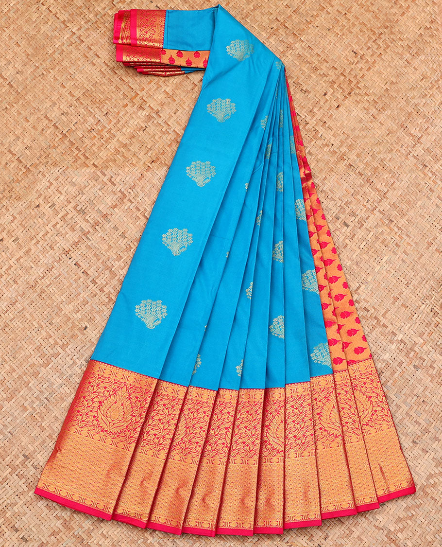 Blue Budget Silk Saree, Adorned with Zari Buttas on Its Body, Complemented by Contrast Border of Traditional Zari Designs, Pallu of Floral Designs, and Paired with a Contrast Blouse