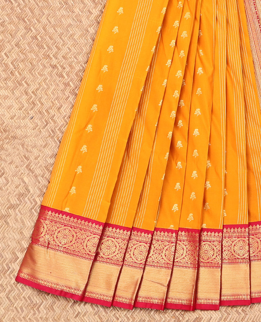Yellow Budget Silk Saree, Subtly Sparkled with Buttas and Stripes on Its Body, Complemented by a Contrast Traditional Zari Design Border, Geometric-Patterned Pallu, and Paired with a Contrast Blouse