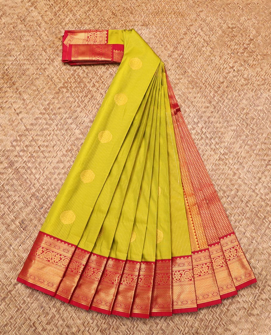 Green Budget Silk Saree, Adorned with Zari Buttas and Stripes, Complemented by Contrast Traditional Zari Border, Grand Pallu, and a Contrast Blouse