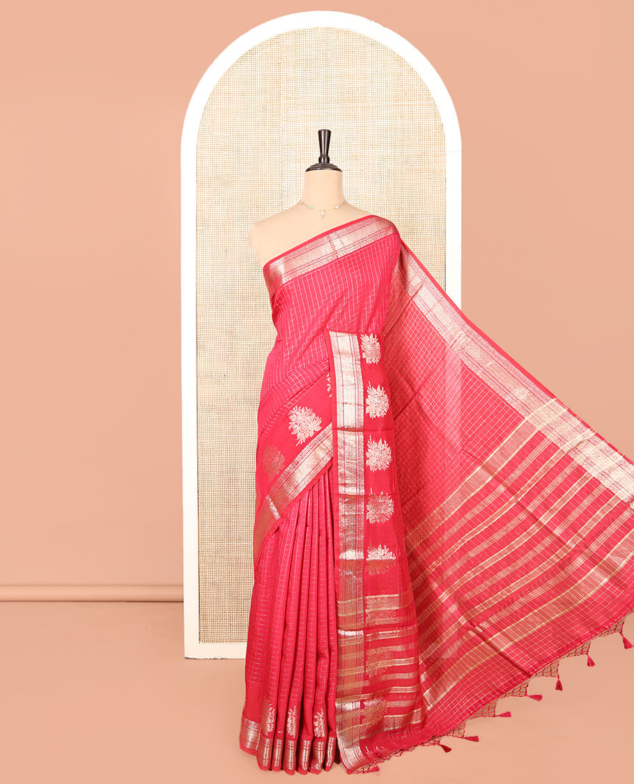 Pink Assam Silk Saree, Adorned with Zari Checks, Highlighted by a Traditional Zari Border, Zari Design Pallu, and a Matching Blouse