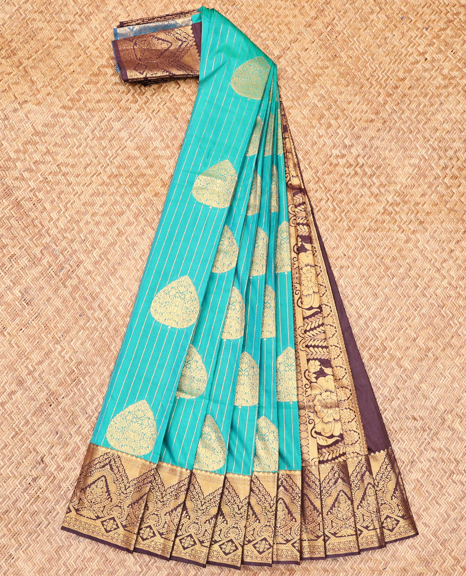 Blue Budget Silk Saree, Adorned with Zari Buttas and Stripes, Complemented by a Contrast Traditional Zari Border, Intricate Pallu, and a Contrast Blouse