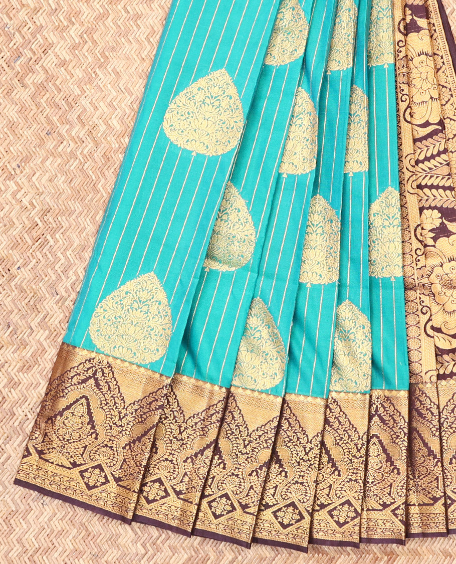 Blue Budget Silk Saree, Adorned with Zari Buttas and Stripes, Complemented by a Contrast Traditional Zari Border, Intricate Pallu, and a Contrast Blouse