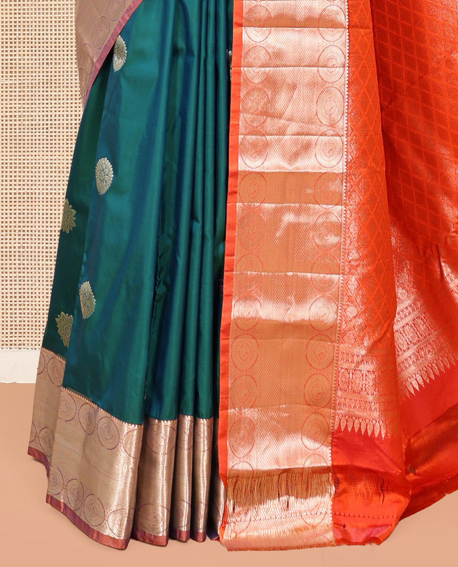 Green Budget Silk Saree, Adorned with Zari Buttas, Complemented by a Contrast Traditional Zari Border, Grand Jaal Pallu, and Contrast Blouse