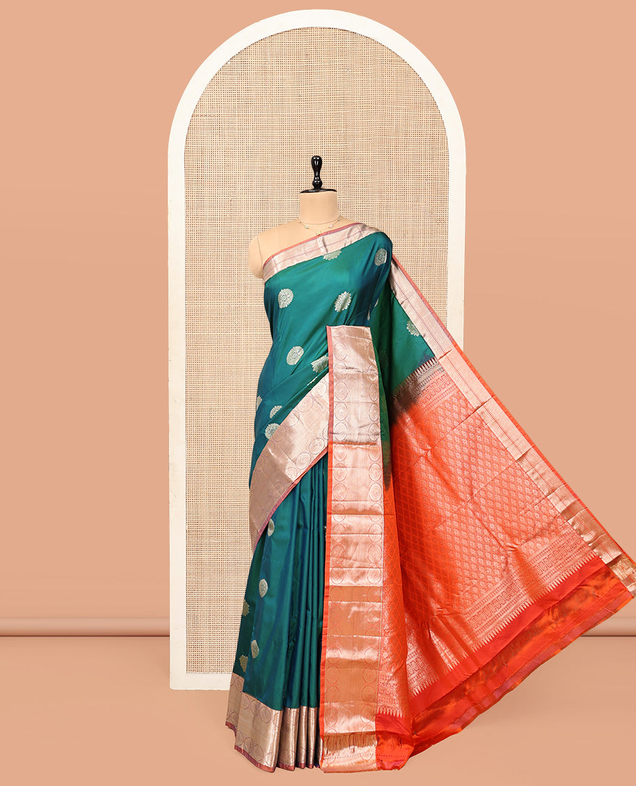 Green Budget Silk Saree, Adorned with Zari Buttas, Complemented by a Contrast Traditional Zari Border, Grand Jaal Pallu, and Contrast Blouse