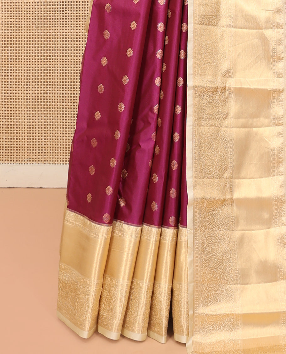 Wine Budget Silk Saree, Adorned with Zari Buttas, Complemented by a Contrast Traditional Zari Border, Grand Pallu, and Contrast Blouse