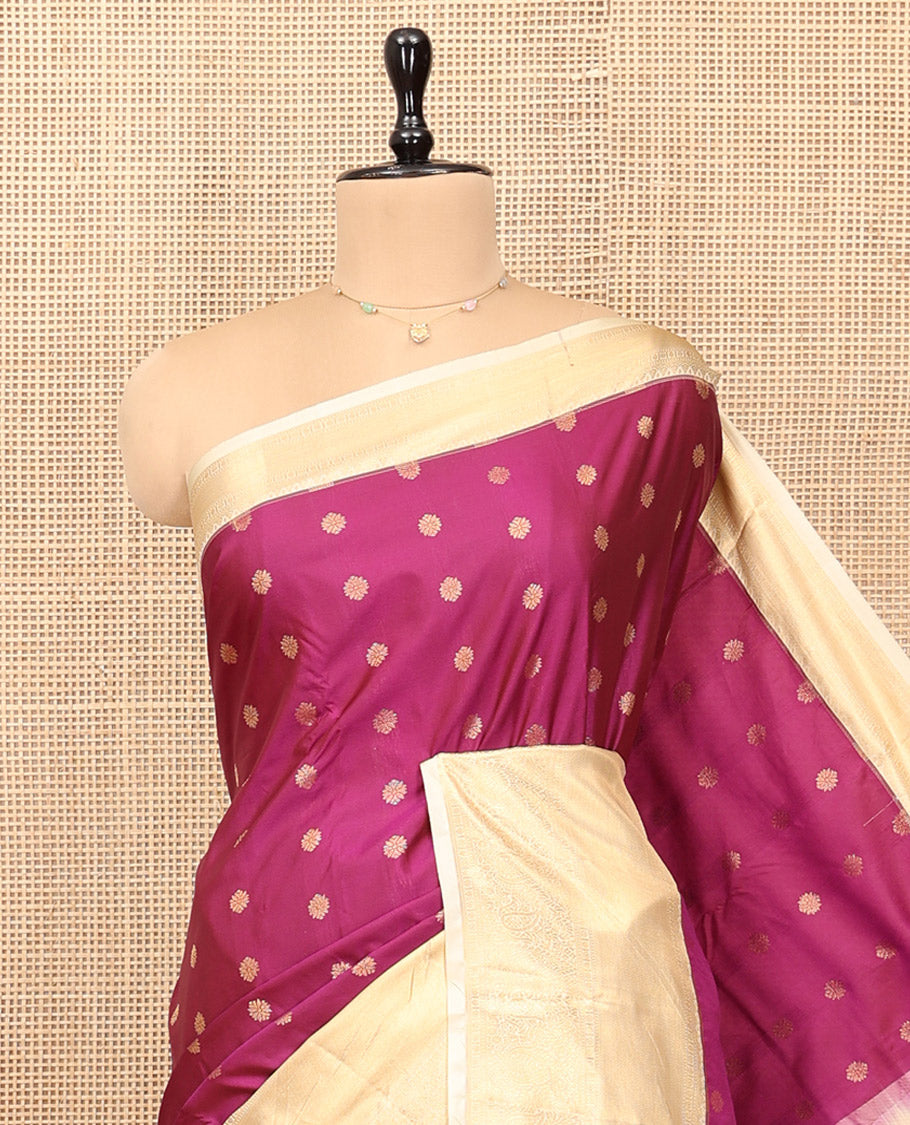 Wine Budget Silk Saree, Adorned with Zari Buttas, Complemented by a Contrast Traditional Zari Border, Grand Pallu, and Contrast Blouse