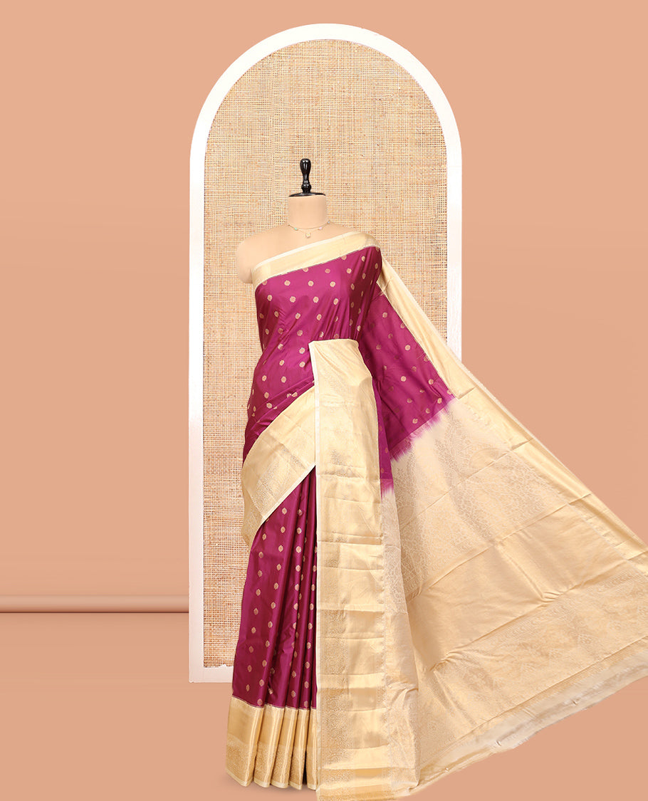 Wine Budget Silk Saree, Adorned with Zari Buttas, Complemented by a Contrast Traditional Zari Border, Grand Pallu, and Contrast Blouse