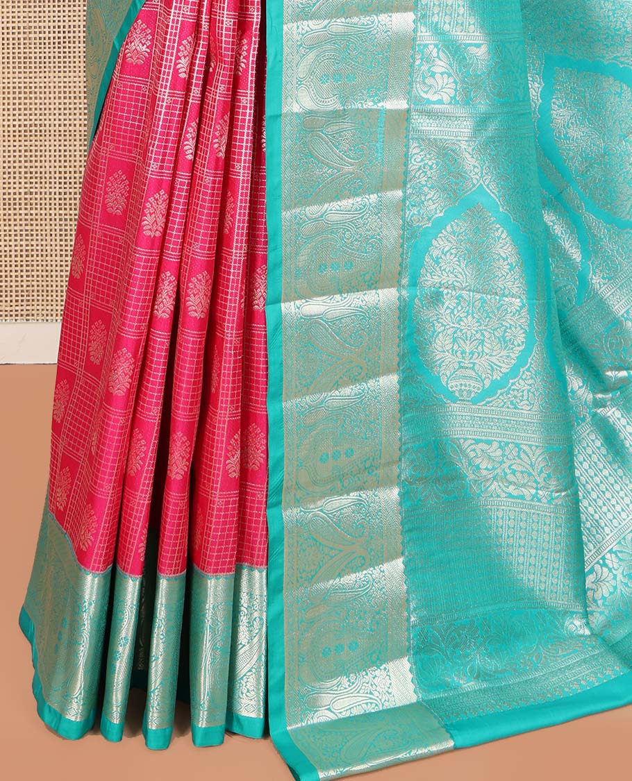 Pink Budget Silk Saree, Gracefully Embellished with Jacquard All Over Its Body, Complemented by a Contrast Paisley Zari Design Border, Mughal-Style, Intricately Patterned Pallu, and Paired with a Contrast Blouse
