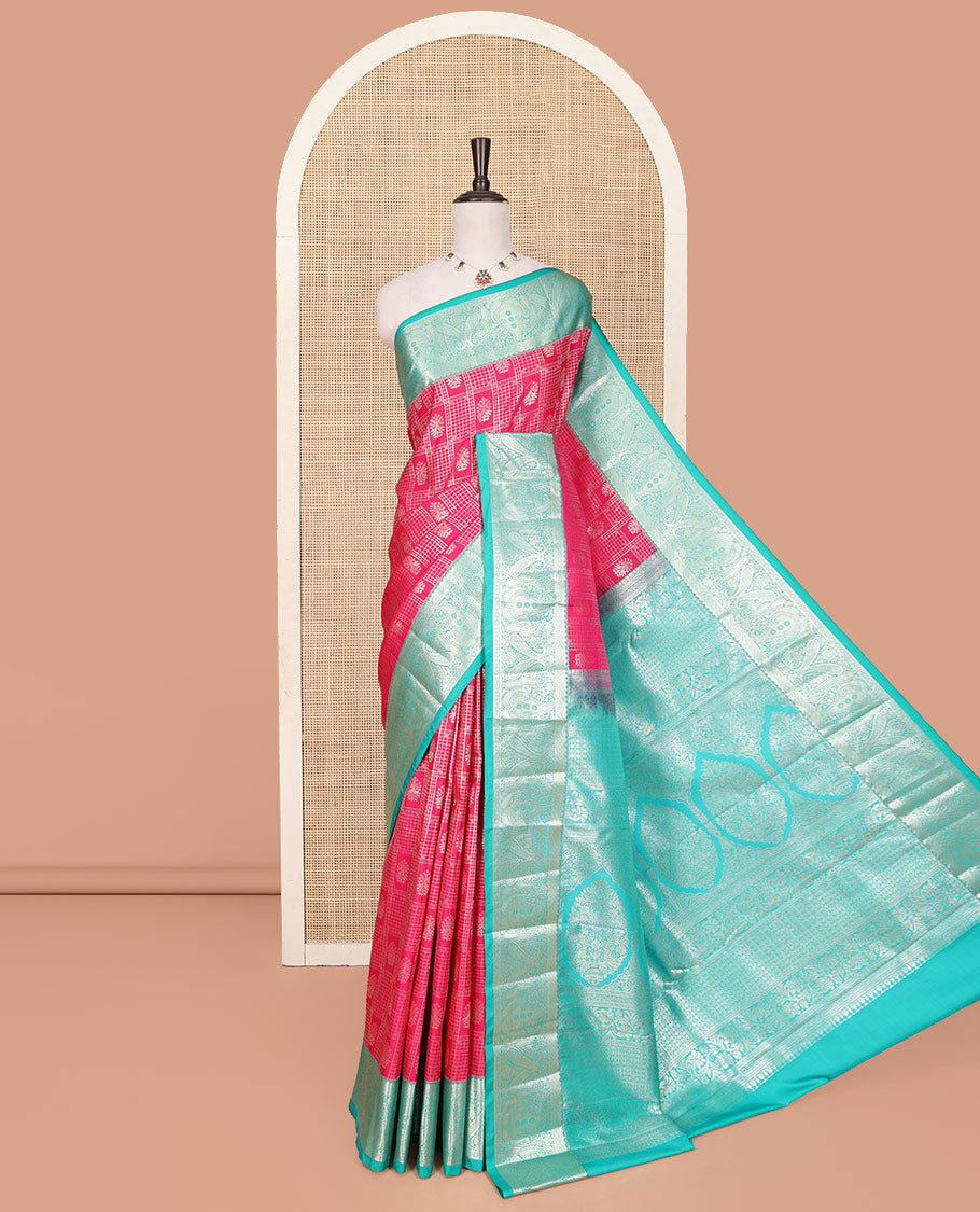 Pink Budget Silk Saree, Gracefully Embellished with Jacquard All Over Its Body, Complemented by a Contrast Paisley Zari Design Border, Mughal-Style, Intricately Patterned Pallu, and Paired with a Contrast Blouse
