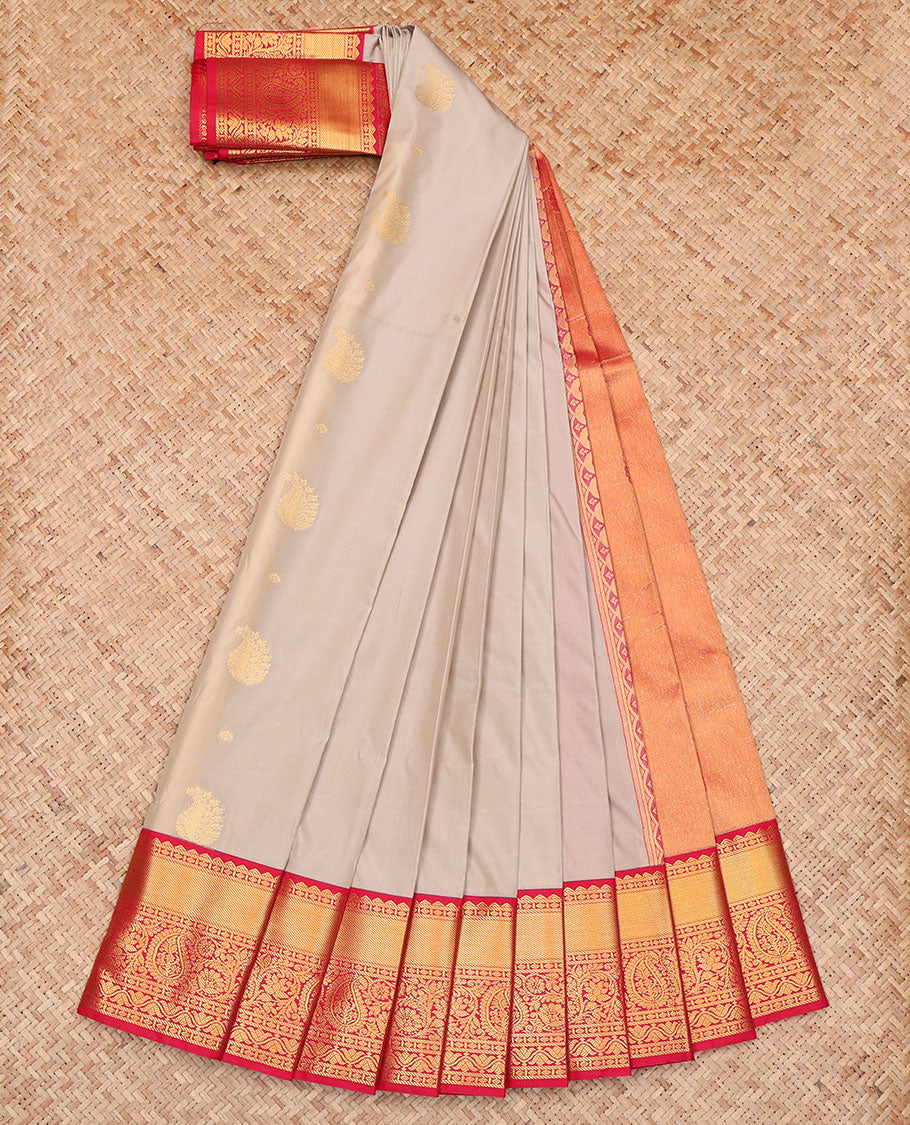 Grey Budget Silk Saree, Adorned with Zari Buttas All Across Its Body, Complemented by a Captivating Contrast Traditional Border of Floral-Paisley Designs, Pallu Steeped with Paisleys, and Paired with a Contrast Blouse